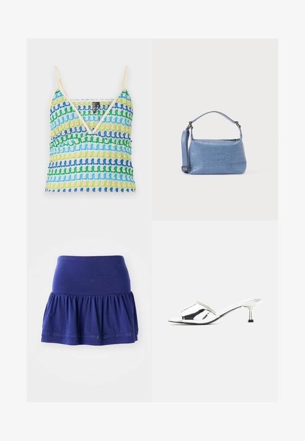 Débardeur coloré avec des motifs de vagues multicolores en bleu, vert et crème. Il présente des bretelles fines et un design en V. Texture douce.; Jupe en jersey bleu marine avec un bas froncé, une ceinture élastique et une bordure décorative brodée le long de l'ourlet. Tissu doux et léger.; Sandale argentée à bout ouvert, mule avec petit talon kitten et finition métallique brillante sur fond neutre.; Sac à main bleu clair embossé façon crocodile avec une poignée courte et une bandoulière amovible. Texture lisse avec une fermeture éclair.