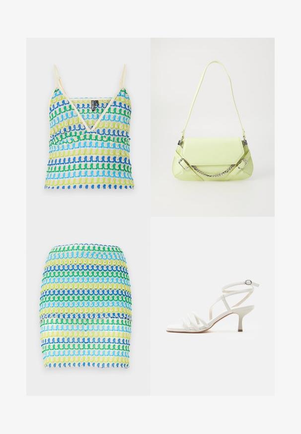 Tirantes colorido con patrones de olas multicolores en azul, verde y crema. Presenta tirantes finos y un diseño de escote en V. Textura suave.; Minifalda de tejido con rayas horizontales en azul, verde y amarillo. El diseño tiene una apariencia texturizada y tejida con un efecto en capas.; Sandalia blanca de mujer con tiras, tacones delgados, tres tiras delanteras y una correa en el tobillo con hebilla plateada.; Bolso de mano sintético verde lima con textura suave, correa de cadena desmontable y hebillas decorativas; forma rectangular con lados cónicos.