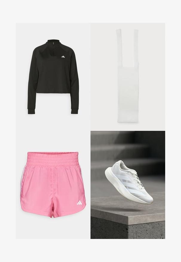 Pull-over noir à zip quart, en tissu lisse, avec des manches longues, présentant un col haut et un logo blanc sur la poitrine gauche.; Shorts de sport roses avec une taille élastique, ornés d'accents blancs sur les côtés et d'un petit logo blanc en bas à droite.; Chaussure de sport blanche avec une tige texturée, trois bandes latérales, une semelle amortie et un bout arrondi, posée au-dessus d'une surface en béton.; Sangle en coton blanche avec deux poignées allongées, arborant une texture lisse et un corps rectangulaire. Design simple, sans motifs ni embellissements supplémentaires.