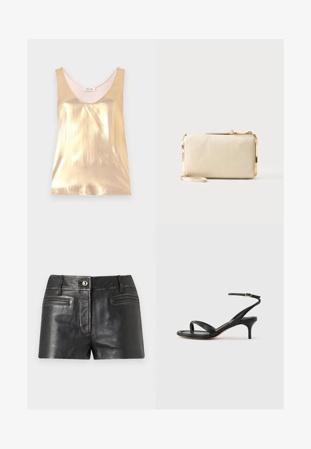Haut sans manches en or métallisé avec un décolleté en forme de cœur profond. Texture lisse, design ajusté et doublure intérieure douce.; Shorts en cuir noir avec bouton frontal, passants de ceinture et deux poches frontales horizontales sur un fond gris clair.; Sandale pour femme en cuir noir avec fines lanières, une boucle d'orteil, une boucle à la cheville et un talon aiguille de hauteur moyenne sur un fond neutre.; Pochette bracelet en cuir beige texturé avec garniture en métal doré et fermeture éclair, dotée d'une petite sangle et d'un logo de marque subtilement embossé.