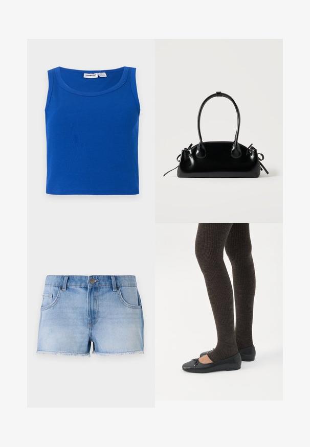 Μπλε ριγωτό αμάνικο crop top με στρογγυλή λαιμόκοψη και ετικέτα μάρκας στο εσωτερικό του γιακά.; Απαλά μπλε τζιν σορτς με φθαρμένο στρίφωμα, πέντε τσέπες και μπροστινό κουμπί κλεισίματος. Διαθέτει ξεθωριασμένο χρωματισμό και ίσια γραμμή.; Πόδια με σκουρόχρωμα ριμπ κολάν συνδυασμένα με μαύρα μπαλαρίνα παπούτσια με μικρές λεπτομέρειες φιόγκων σε λευκό φόντο.; Μικρή μαύρη γυαλιστερή τσάντα με δύο μακριές λαβές και λεπτομέρειες με ρυθμιζόμενο κορδόνι στο πλάι σε απλό ανοιχτό φόντο.