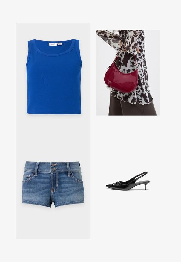 Μπλε ριγωτό αμάνικο crop top με στρογγυλή λαιμόκοψη και ετικέτα μάρκας στο εσωτερικό του γιακά.; Μπλε τζιν σορτς με διπλό κούμπωμα, θηλιές για ζώνη, μπροστινές τσέπες και ξεθωριασμένες λεπτομέρειες σε απλό φόντο.; Μαύρα πέδιλα από δέρμα με λουράκι στη φτέρνα, μυτερή μύτη, χαμηλό τακούνι στιλέτο και ρυτιδωμένη λεπτομέρεια στην επάνω πλευρά. Λείο υλικό και μινιμαλιστικός σχεδιασμός.; Γυναίκα που φοράει μια μπλούζα με μαύρο-άσπρο μοτίβο κρατάει μια γυαλιστερή κόκκινη τσάντα ώμου σε απλό φόντο.