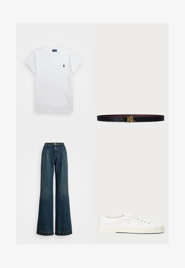Hvid bomulds T-shirt med korte ærmer, der har et lille marineblåt logo på venstre bryst. Enkel design med rund hals.; Mørkeblå bukser med vid ben i denim, med høj talje, plisseret front og syet kant. Metalknap og lynlås lukning.; Hvide lærredssneakers med rund tå, snørelukning og diskret logo-detalje. Har en tekstureret overflade og gummisål.; Sort læderbælte med guldfarvet "RL" logo hardware, der har en glat overflade og en kontrasterende bordaux inderside. Justerbart med huller.