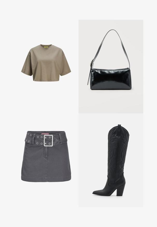 Brun cropped t-shirt lavet af blødt bomuld, med rund halsudskæring og korte ærmer. Glat tekstur med diskrete sydetaljer.; Grå bomulds mini skirt med et bredt bælte, der har sølv-lufthuller og en firkantet metalspænde, designet med en ren, lige silhuet.; Zign by Zalando LEATHER - Cowboy- / bikerstøvler - black; Sort rektangulær skuldertaske med en enkelt justerbar rem og lynlås i toppen på en ensfarvet baggrund.