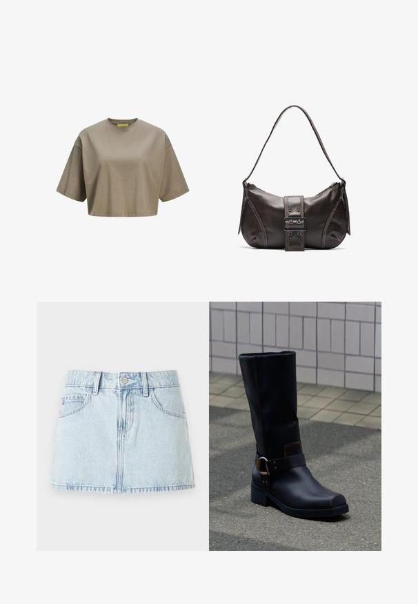 Pruun lühikese varrukaga crop-t-särk, mis on valmistatud pehmest puuvillast, ümara kaelusega. Sile tekstuur koos õrnade õmblusdetailidega.; Hele sinise denim mini seelik, millel on esine nupp, vööloopid ja esitaskud, esitatud valgel taustal.; Must nahapolvesaapahv madala kontsa ja dekoratiivse rihmaga metallist pandlaga, seisab hallil sillutatud pinnal plaatidest seina lähedal.; Pruunist nahast õlakott kumerate joontega, millel on silmapaistev pandla detail, kontrastne õmblus ja üks õlavarre rihm.
