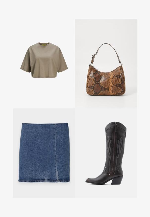 Camiseta corta marrón hecha de algodón suave, con escote redondo y mangas cortas. Textura lisa con sutiles detalles de costura.; Good American Falda vaquera - indigo; Botas de cowboy de cuero marrón con costuras en forma de llama, cremallera lateral, tachuelas plateadas, punta puntiaguda y tacón apilado.; Pequeño bolso de mano con un patrón de piel de serpiente marrón y negro, correa corta ajustable y cierre de cremallera.