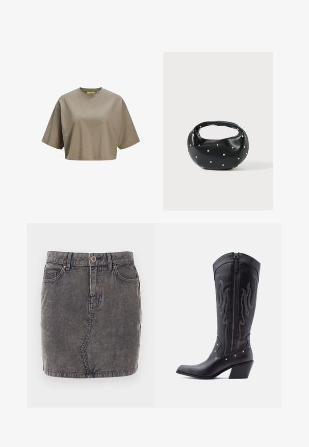 Brun cropped t-shirt lavet af blødt bomuld, med rund halsudskæring og korte ærmer. Glat tekstur med diskrete sydetaljer.; Grå denimnederdel med lodret ribbet tekstur, der har en frontknaplukning, to sidelommer og en lige kant.; Sorte cowboystøvler i læder med spids tå, synlige sømme, sølvfarvede nitte-detaljer og lynlås på den indvendige side.; Sort læderhåndtaske med en rundet form, dekoreret med sølvnitter, og et kort håndtag. Glat tekstur og lynlåslukning.