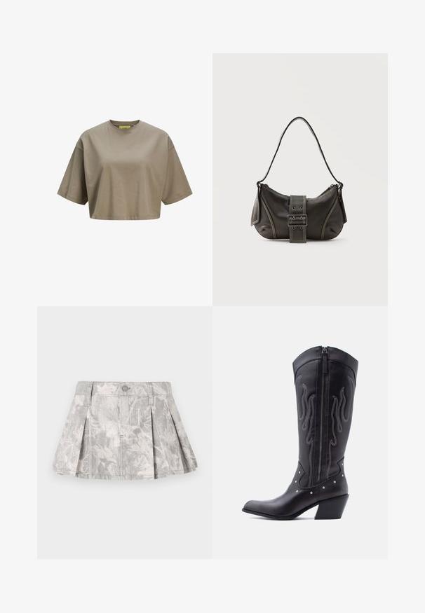 Bruine cropped t-shirt gemaakt van zachte katoen, met een ronde halslijn en korte mouwen. Soepele textuur met subtiele stiksels.; Grijze denim rok met plooien, voorzien van een subtiel bladerenpatroon in lichtere tinten. Klassieke snit met een tailleband en sluiting met metalen knoop.; Zwarte leren cowboylaarzen met een puntige neus, zichtbare stiksels, zilveren studaccenten en een ritssluiting aan de binnenkant.; Zwarte leren schoudertas met gespsluiting aan de riem, afgeronde hoeken en contrasterende witte stiksels op een effen achtergrond.