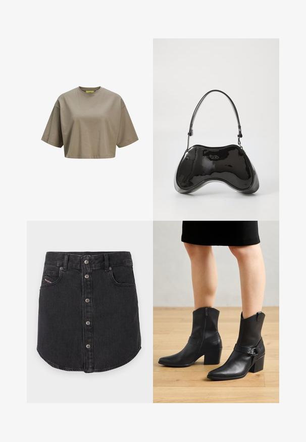 Brun cropped t-shirt lavet af blødt bomuld, med rund halsudskæring og korte ærmer. Glat tekstur med diskrete sydetaljer.; Sort denim miniskørt med frontmetalknapper, to forlommer, bæltestropper og buet kant.; Sorte læder ankelstøvler med spids tå, lynlås lukning, buet hæl og en dekorativ rem med metal detaljer.; Sort patentlæder håndtaske med en unik buet form, kort justerbar hank og en lynlåslukning i toppen. Glat tekstur med diskret branding.