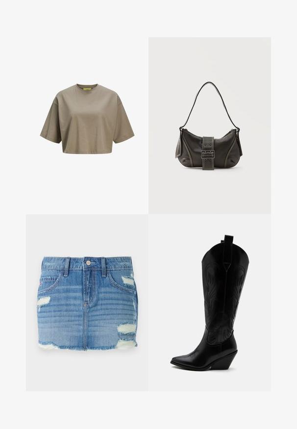 Brun cropped t-shirt lavet af blødt bomuld, med rund halsudskæring og korte ærmer. Glat tekstur med diskrete sydetaljer.; Denim mini nederdel i lyseblå med en distressed finish. Har en frynset kant, falmede sektioner og flere huller. Lukning med knap foran og lommer.; Sort læder cowboystøvle med spidst tåparti, skråt blokhælhæl, dekorative sømme og trækstropper øverst mod hvid baggrund.; Sort læder skuldertaske med spænde på remmen, afrundede kanter og kontrasterende hvide syninger på en ensfarvet baggrund.