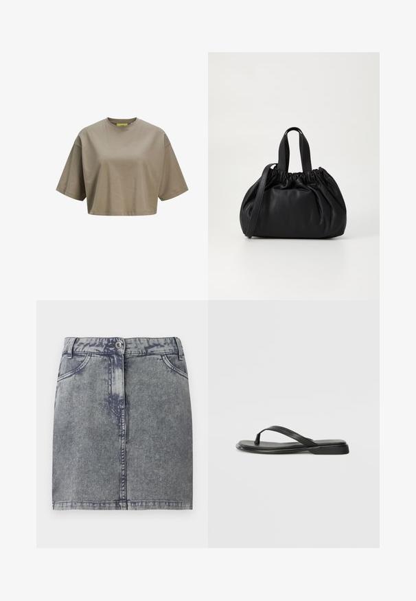 Brun cropped t-shirt lavet af blødt bomuld, med rund halsudskæring og korte ærmer. Glat tekstur med diskrete sydetaljer.; Grå denim minisukne med en falmet vask, der har forlommer, en knaplukning og en lige kant. Struktureret stof.; Sorte flip-flops lavet af glat læder, med et tyndt remdesign og en flad sål med et minimalt profil. Ingen bemærkelsesværdige mønstre eller accenter.; Sort læderhåndtaske med en samlet topdesign, der har to korte håndtag og en lang justerbar rem. Glat overflade, rund form.