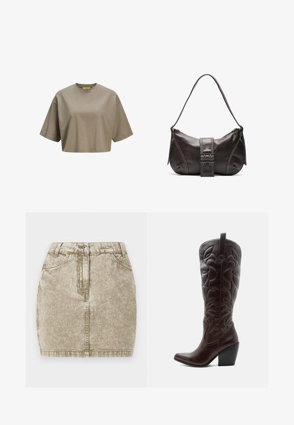 Brun cropped t-shirt lavet af blødt bomuld, med rund halsudskæring og korte ærmer. Glat tekstur med diskrete sydetaljer.; Khaki denimnederdel med en tekstureret overflade, fem lommer, knaplukning foran og sydekoration langs kanterne.; Høj mørkebrun læder cowboystøvle med syede dekorative mønstre, spids tå og stablet blokhæle.; Brun læder skuldertaske med en buet form, der har et fremtrædende spænde, kontrasterende syninger og en enkelt skulderrem.