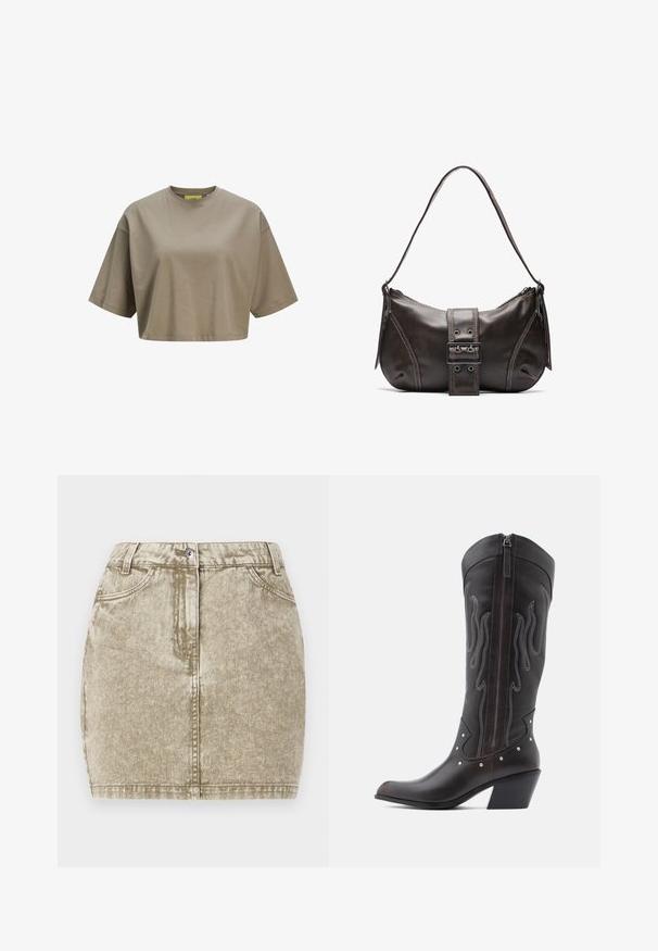 Bruine cropped t-shirt gemaakt van zachte katoen, met een ronde halslijn en korte mouwen. Soepele textuur met subtiele stiksels.; Khaki denim rok met een gestructureerde afwerking, vijf zakken, sluiting met een knop aan de voorkant en gestikte details langs de randen.; Bruine leren cowboylaarzen met vlamstiksels, zijrits, zilveren studs, spits toelopende neus en gestapelde hak.; Bruine leren schoudertas met een gebogen vorm, voorzien van een opvallende gespdetail, contrasterende stiksels en een enkele schouderband.