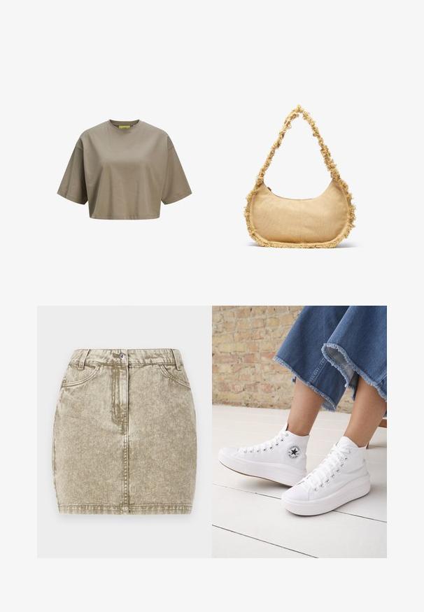 Brun cropped t-shirt lavet af blødt bomuld, med rund halsudskæring og korte ærmer. Glat tekstur med diskrete sydetaljer.; Khaki denimnederdel med en tekstureret overflade, fem lommer, knaplukning foran og sydekoration langs kanterne.; Person iført hvide høje Converse-sneakers med tykke såler og beskårne blå jeans med flossede kanter mod en murstensvæg og hvidt gulv.; Struktureret beige taske med en rund form, frynset kant langs kanterne og en kort rem til at bære. Lynlåsåbning på toppen.