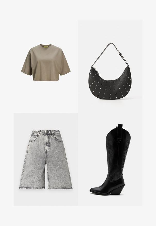 Bruine cropped t-shirt gemaakt van zachte katoen, met een ronde halslijn en korte mouwen. Soepele textuur met subtiele stiksels.; Denim shorts in een zwart en grijs acid wash patroon, met een hoge taille, riemlussen en vijf zakken. Randen zijn afgewerkt.; Zwarte leren cowboylaars met puntige neus, schuine blokhak, decoratieve stiksels en aantreklusjes bovenaan tegen een witte achtergrond.; Zwarte leren handtas met een gebogen vorm, versierd met zilveren studs, voorzien van een ritssluiting en een enkele verstelbare schouderband.