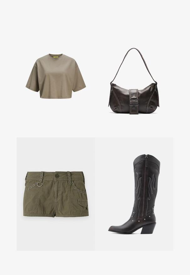 Bruine cropped t-shirt gemaakt van zachte katoen, met een ronde halslijn en korte mouwen. Soepele textuur met subtiele stiksels.; Olijfgroene shorts van een lichtgewicht stof, met een tailleband met metalen accenten en zijzakken. Gestructureerd oppervlak met stikseldetails.; Bruine leren cowboylaarzen met vlamstiksels, zijrits, zilveren studs, spits toelopende neus en gestapelde hak.; Bruine leren schoudertas met een gebogen vorm, voorzien van een opvallende gespdetail, contrasterende stiksels en een enkele schouderband.