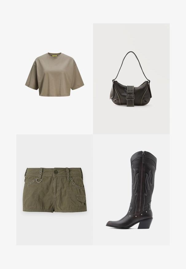 Bruine cropped t-shirt gemaakt van zachte katoen, met een ronde halslijn en korte mouwen. Soepele textuur met subtiele stiksels.; Olijfgroene shorts van een lichtgewicht stof, met een tailleband met metalen accenten en zijzakken. Gestructureerd oppervlak met stikseldetails.; Bruine leren cowboylaarzen met vlamstiksels, zijrits, zilveren studs, spits toelopende neus en gestapelde hak.; Zwarte leren schoudertas met gespsluiting aan de riem, afgeronde hoeken en contrasterende witte stiksels op een effen achtergrond.