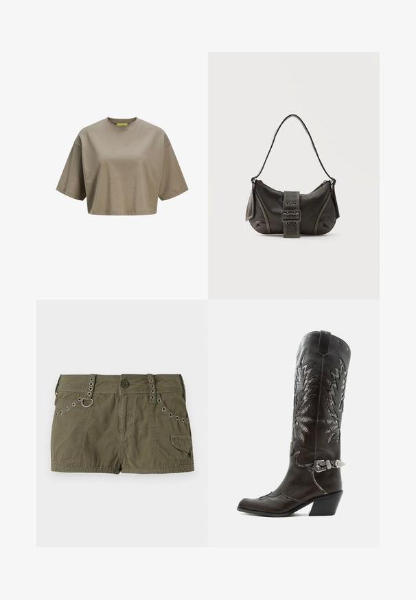 Braunes, cropped T-Shirt aus weicher Baumwolle, mit Rundhalsausschnitt und kurzen Ärmeln. Glatte Textur mit dezenten Stichdetails.; Olivgrüne Shorts aus leichtem Stoff, mit einem Bund mit Metallakzenten und seitlichen Taschen. Texturierte Oberfläche mit Nähdetails.; Schwarzer Leder-Cowboystiefel mit dekorativen Ausschnitten, silberner Schnalle und schräger Ferse, auf weißem Hintergrund dargestellt.; Schwarze Leder-Schultertasche mit Schnallengurt-Detail, abgerundeten Kanten und kontrastierenden weißen Nähten auf schlichtem Hintergrund.