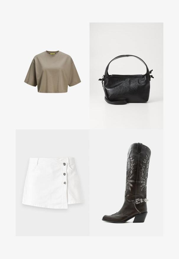 Brun cropped t-shirt lavet af blødt bomuld, med rund halsudskæring og korte ærmer. Glat tekstur med diskrete sydetaljer.; Hvide denim mini-nederdel med lige snit, der har en sidelukning med fire metalknapper og en subtil, rullet kant.; Sort læder cowboystøvle med dekorative udskæringer, sølvspænde og skrå hæl, vist på hvid baggrund.; Sort læderhåndtaske med et struktureret design, rund tophåndtag og aftagelig skulderrem. Den har en glat tekstur og en subtil glans.