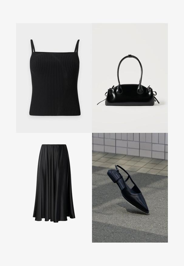 Débardeur noir à côtes avec bretelles spaghetti réglables, présentant une silhouette ajustée et une texture lisse.; Jupe maxi noire en tissu lisse, dotée d'une taille élastique, d'une silhouette ample et d'un ourlet fluide sans motifs ni détails visibles.; Chaussure plate noire à bout pointu avec bride arrière, flottant au-dessus d'une surface en bitume à côté d'un trottoir carrelé.; Petit sac à main noir brillant avec deux longues anses et des détails à cordon sur les côtés sur un fond clair uni.