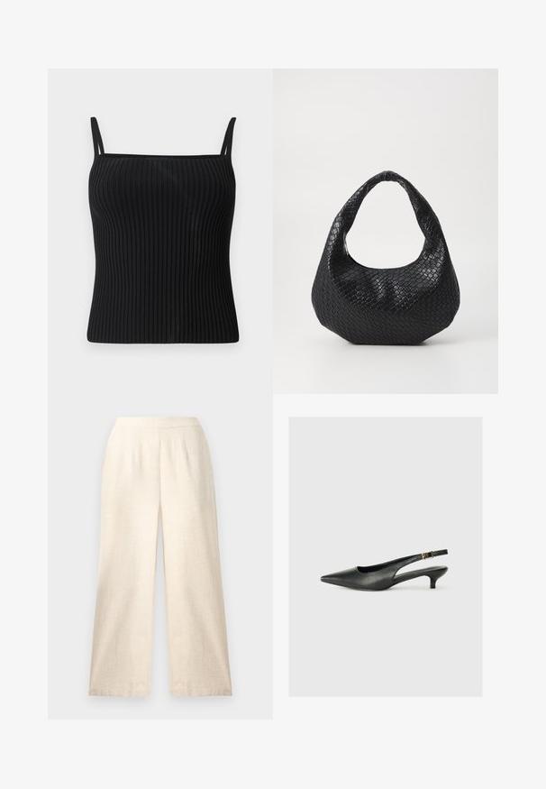 Débardeur noir à côtes avec bretelles spaghetti réglables, présentant une silhouette ajustée et une texture lisse.; Pantalon large taille haute crème avec plis, en tissu léger en lin, présenté à plat.; Chaussure slingback noire à bout pointu en cuir lisse. Présente un talon fin et un détail de boucle sur la sangle réglable.; Sac à main tissé noir avec une poignée courbée, présentant une surface texturée et une forme décontractée. Fini lisse avec une silhouette organique.