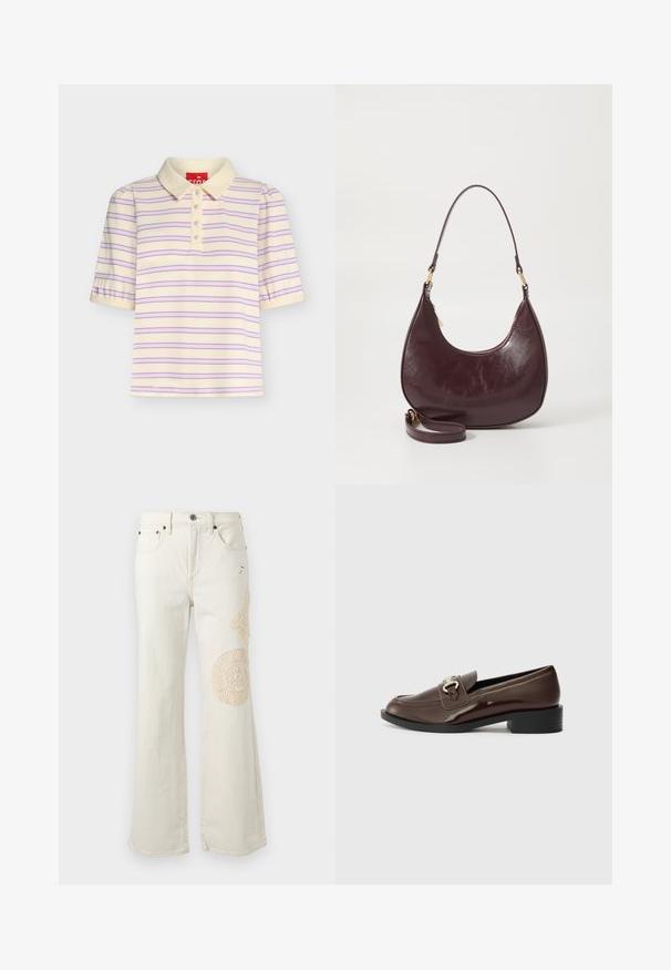 Polo à manches courtes couleur crème avec des rayures horizontales roses et bleues, un col et quatre boutons sur le devant.; Jean droit écru avec poches avant et détails en patchwork crochet beige sur la cuisse et le genou droit.; Mocassins en cuir verni marron avec un petit talon carré noir et un détail de boucle décoratif sur le dessus. Texture lisse et design épuré.; Sac à épaule en cuir bourgogne avec une forme incurvée, fermeture éclair et une sangle détachable. Présente une texture lisse et des accents en métal doré.