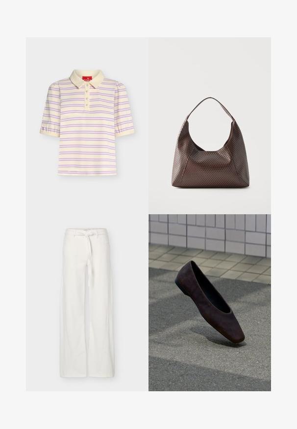 Polo à manches courtes couleur crème avec des rayures horizontales roses et bleues, un col et quatre boutons sur le devant.; Pantalon blanc à jambes larges avec poches avant et ceinture en tissu nouée à la taille, présenté sur un fond uni.; Chaussure plate marron foncé unique flottant au-dessus d'un sol texturé avec un mur carrelé en arrière-plan.; Sac à épaule en cuir tressé marron avec une seule large bandoulière et un corps souple en forme de croissant.