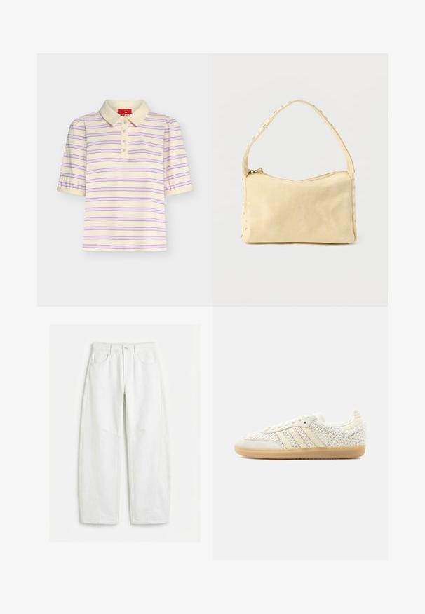 Polo à manches courtes couleur crème avec des rayures horizontales roses et bleues, un col et quatre boutons sur le devant.; Jean blanc à jambes droites avec poches avant, passants pour ceinture, fermeture par bouton et détails de coutures visibles.; Baskets basses blanches avec tissu tissé texturé, bandes en cuir beige et semelle en caoutchouc gomme, vues de côté extérieur sur fond uni.; Petit sac à main en cuir beige avec une seule bandoulière et des clous argentés le long des bords et de la bandoulière, posé sur un fond uni.
