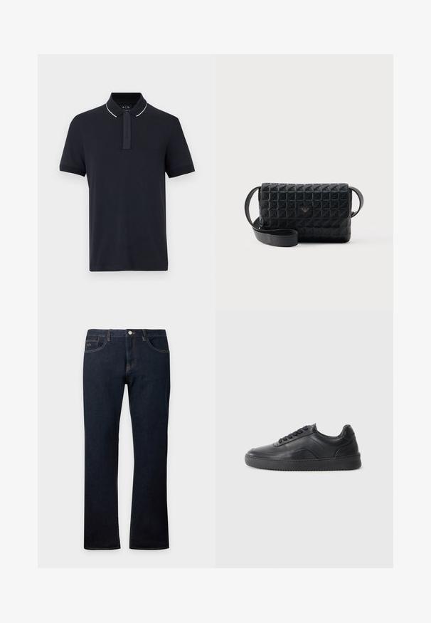 Polo bleu marine à manches courtes avec bordure de col blanche et patte de boutonnage dissimulée, présenté sur un fond neutre.; Jean en denim bleu foncé coupe droite avec poches avant et arrière, coutures visibles et fermeture par bouton à la taille.; Chaussure de sport en cuir noir avec une finition lisse, bout arrondi, panneau latéral texturé et lacets noirs. Présente une semelle en caoutchouc plate et un design minimaliste.; Sac bandoulière noir texturé avec une fermeture à rabat et un petit logo en métal sur le devant, présenté sur un fond uni.