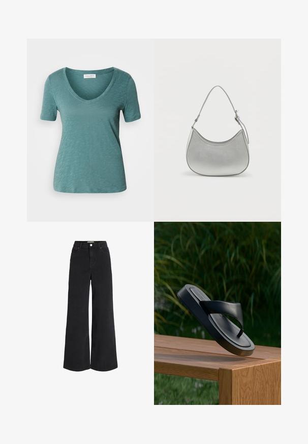 Kortærmet V-hals t-shirt i teal blå, lavet af letvægtsstof med en tekstureret overflade, med en ren kant og afslappet pasform.; Breddebenede sorte denimjeans med fem lomme-design, høj talje og knaplukning. Har diskret syninger og en ren finish.; Sort læderflip-flop sandal svævende over en træbænk udendørs med høj grøn græs sløret i baggrunden.; Sølv faux læder håndtaske med en buet form, kort justerbar strop og glat overflade, præget af minimal syning.