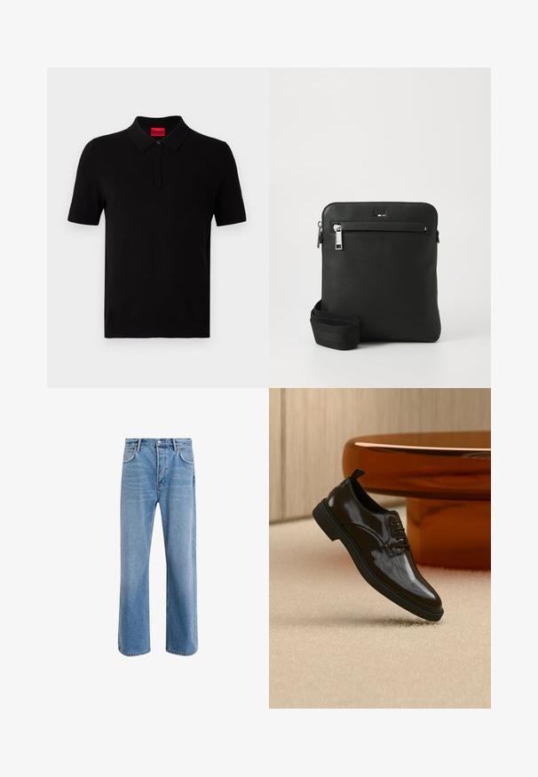 Polo noir en coton lisse. Doté d'un col classique, de manches courtes et d'une étiquette rouge au niveau du col. Sans motifs ni accents.; Jeans en denim bleu clair avec une coupe droite, cinq poches, fermeture à bouton, peu d'usure et des détails de couture contrastés.; Chaussure habillée noire brillante en cuir à lacets flottant au-dessus d'un tapis beige avec une table ronde marron brillante en arrière-plan.; Sac bandoulière en cuir noir avec un design plat, surface texturée, fermeture éclair, poche avant et une sangle en tissu ajustable.