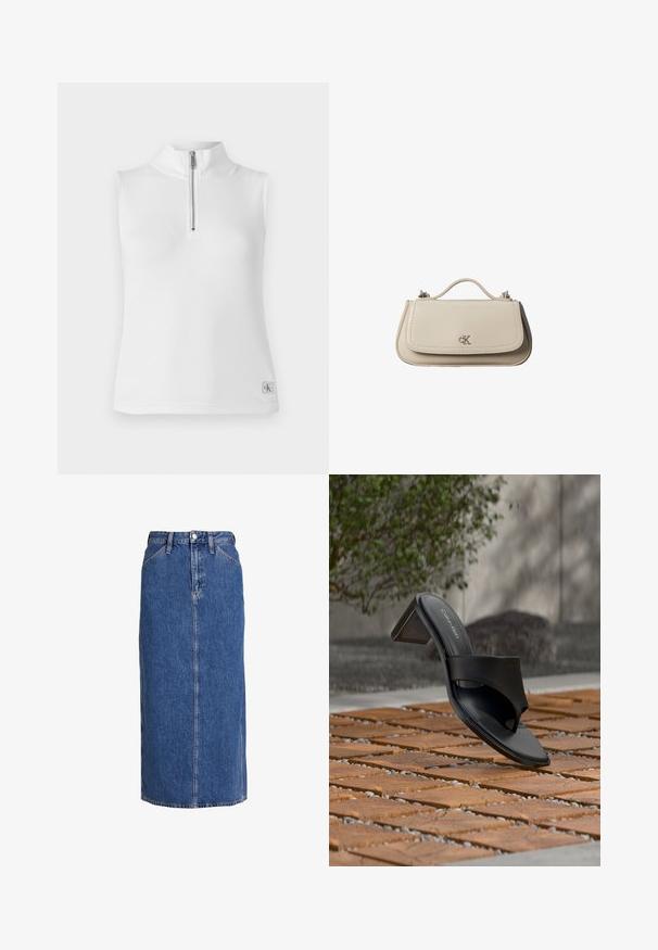 Hvid ærmeløs top med ståkrave og en halv lynlås. Har ribbet tekstur og et lille mærke ved kanten.; Denim midi nederdel i mellemblå med lige snit, forkant knaplukning, to sidelommer og synlige sømme for struktur.; Sort Calvin Klein hælet sandal med tå-loop på trægulv udendørs nær et træ og en stenmur.; Lille beige læderhåndtaske med top håndtag og sølv CK-logo på frontklap, vist mod en hvid baggrund.