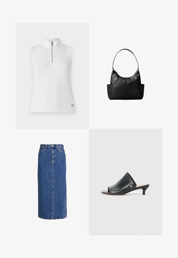 Hvid ærmeløs top med ståkrave og en halv lynlås. Har ribbet tekstur og et lille mærke ved kanten.; Denim midi nederdel i mellemblå med lige snit, forkant knaplukning, to sidelommer og synlige sømme for struktur.; Sorte læder open-toe mules med en lav hæl. Har en glat overflade og et guld logo-prim på siden.; Sort læder skuldertaske med en enkelt rem, sidelommer og et diskret prægede Calvin Klein-logo på forsiden nederst til højre.