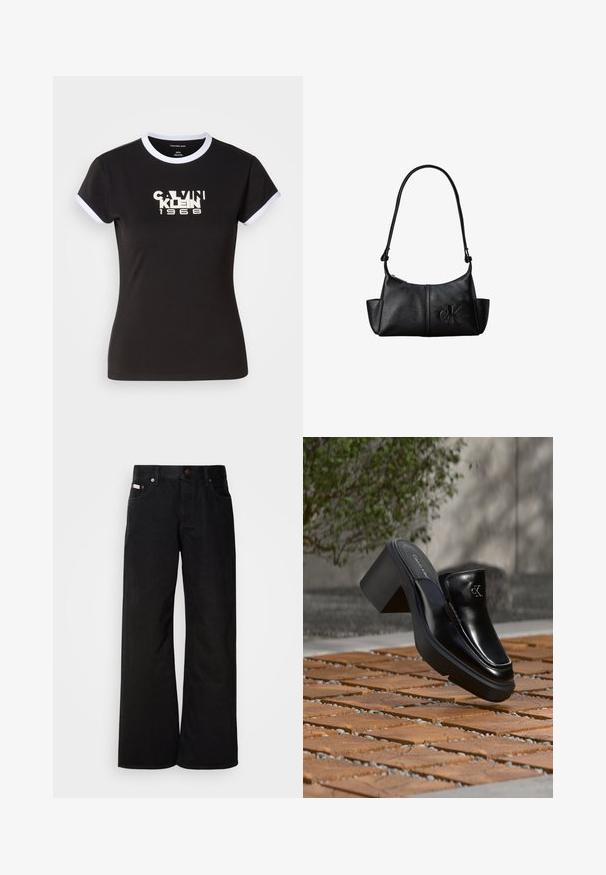 Camiseta negra con detalles en blanco, que presenta un gráfico audaz de Calvin Klein 1968 en el centro. Fabricada en algodón, de manga corta.; Jeans de pierna ancha negros, hechos de algodón. Presentan bolsillos frontales, cierre de botón y una textura de denim clásica. Diseño minimalista sin patrones.; Mule tipo slip-on de cuero negro de Calvin Klein con tacón de bloque descansando sobre baldosas de madera al aire libre cerca de una planta verde y una pared gris.; Bolso de hombro de cuero negro con correa larga, bolsillos laterales y logo de Calvin Klein en relieve en la parte delantera.