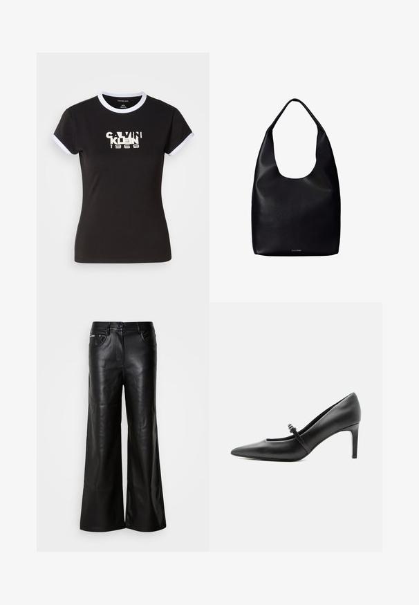 Camiseta negra con detalles en blanco, que presenta un gráfico audaz de Calvin Klein 1968 en el centro. Fabricada en algodón, de manga corta.; Pantalones de cuero negros de pierna ancha con una textura suave, featuring un cierre frontal con botón, dos bolsillos laterales y detalles de costura mínimos.; Zapato de tacón alto de cuero negro con punta puntiaguda, con tira fina y hebilla sobre el empeine, sobre fondo claro y neutro.; Bolso tote de cuero negro con una única correa ancha para el hombro y un sutil logo de Calvin Klein en el centro inferior.