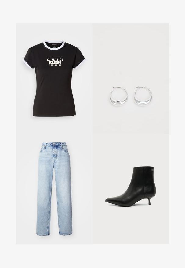 Camiseta negra con detalles en blanco, que presenta un gráfico audaz de Calvin Klein 1968 en el centro. Fabricada en algodón, de manga corta.; Jeans de tiro alto color azul claro con un corte holgado, que cuentan con piernas rectas, cinco bolsillos y un cierre clásico de botones y cremallera.; Botín de piel negra con puntera puntiaguda y tacón bajo estilo kitten sobre fondo claro, mostrando vista lateral exterior.; Pendientes de aro de plata con un acabado pulido y la marca DKNY, exhibidos sobre un fondo blanco liso.