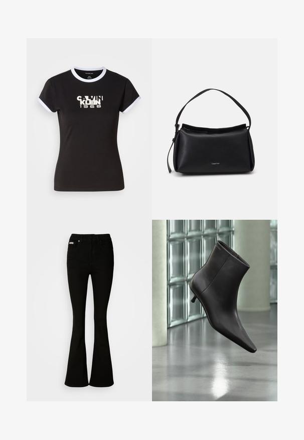 Camiseta negra con detalles en blanco, que presenta un gráfico audaz de Calvin Klein 1968 en el centro. Fabricada en algodón, de manga corta.; Jeans negros acampanados con una cintura ajustada, hechos de denim suave. Presenta dos bolsillos frontales y un cierre clásico de botón y cremallera.; Bota de cuero negro para el tobillo con puntera puntiaguda y tacón pequeño, exhibida frente a una pared de bloques de vidrio y un suelo pulido.; Bolso de mano de cuero negro con una forma curva, una sola correa y un cierre de cremallera en la parte superior. Presenta un logo sutil en la parte delantera para la marca.