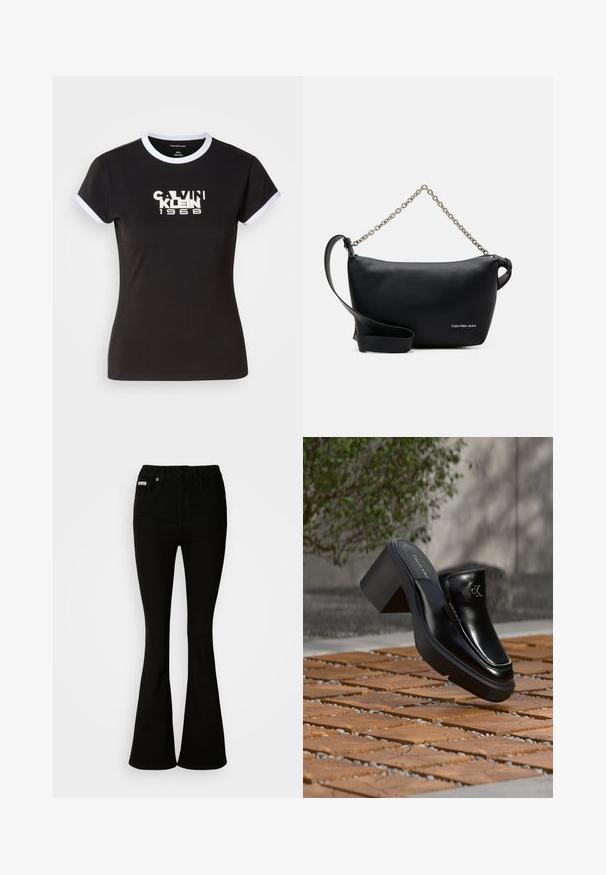 Zwarte T-shirt met witte ringer details, met een opvallende Calvin Klein 1968 grafiek in het midden. Gemaakt van katoen, met korte mouwen.; Zwarte uitlopende jeans met een strakke taille, gemaakt van zachte denim. Bevat twee voorkruiden en een klassieke knoop- en ritssluiting.; Zwarte leren Calvin Klein slip-on mule met blokhak rustend op houten tegels buiten, vlak bij een groene plant en een grijze muur.; Calvin Klein Jeans SCULPTED ROUND CHAIN - Schoudertas - black