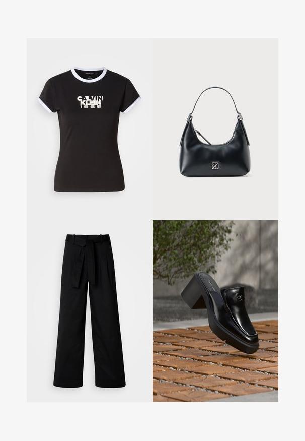 Camiseta negra con detalles en blanco, que presenta un gráfico audaz de Calvin Klein 1968 en el centro. Fabricada en algodón, de manga corta.; Pantalones de pierna ancha negros con cintura ceñida, que presentan un diseño limpio y una textura suave, fabricados con un tejido duradero.; Mule tipo slip-on de cuero negro de Calvin Klein con tacón de bloque descansando sobre baldosas de madera al aire libre cerca de una planta verde y una pared gris.; Bolso de hombro de cuero negro con un solo asa, cierre de cremallera y un pequeño logo cuadrado plateado en la parte delantera.