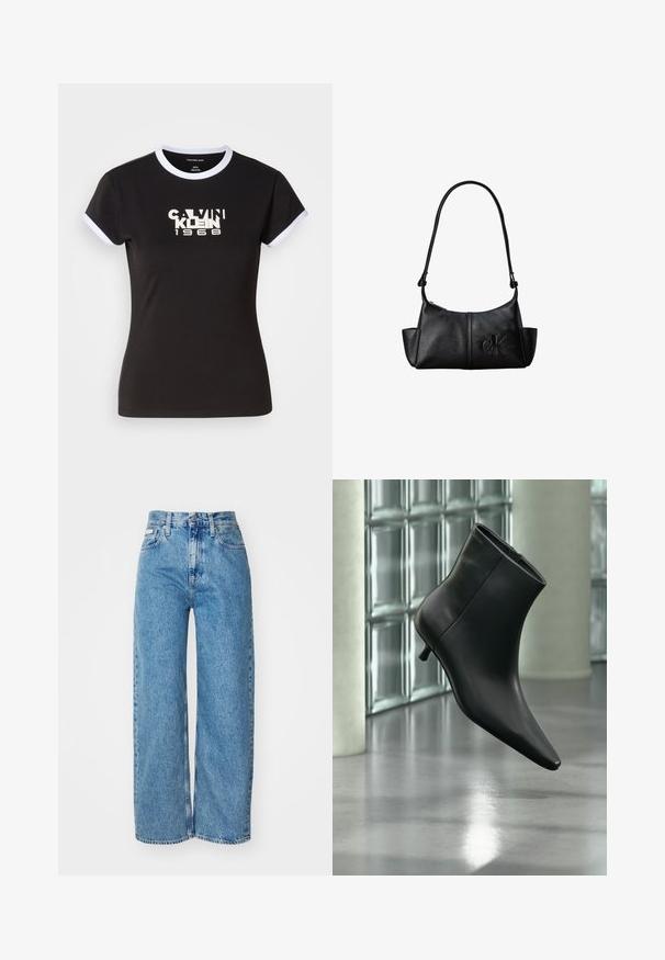Camiseta negra con detalles en blanco, que presenta un gráfico audaz de Calvin Klein 1968 en el centro. Fabricada en algodón, de manga corta.; Jeans de mezclilla de pernera ancha en azul claro con cintura alta, dobladillo deshilachado y diseño de cinco bolsillos. La textura desgastada añade profundidad a la tela.; Botín negro de cuero con punta puntiaguda y tacón bajo estilo kitten, mostrado en ángulo sobre un suelo pulido y con una pared de bloques de vidrio de fondo.; Bolso de hombro de cuero negro con correa larga, bolsillos laterales y logo de Calvin Klein en relieve en la parte delantera.