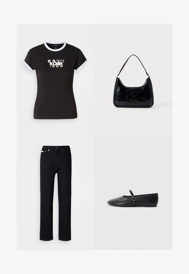 Camiseta negra con detalles en blanco, que presenta un gráfico audaz de Calvin Klein 1968 en el centro. Fabricada en algodón, de manga corta.; Pantalones vaqueros negros de mezclilla con diseño de pierna recta, que incluyen bolsillos frontales, cierre de botones y detalles de costuras en contraste.; Bailarinas de cuero negro con punta afilada, suela plana y una pequeña correa con detalle de hebilla plateada.; Bolso de mano de piel sintética negra con un asa curvada en la parte superior, cierre de cremallera y logo "cK" en relieve en el frente. Textura suave, forma estructurada.