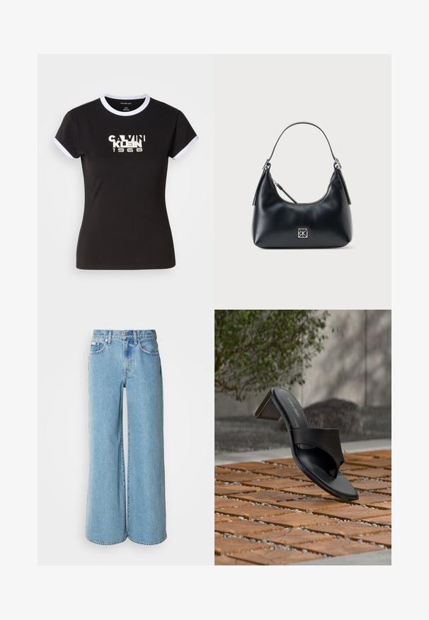 Čierne tričko s bielymi detailmi na okrajoch, s výraznou grafikou Calvin Klein 1968 na strede. Vyrobené z bavlny, krátke rukávy.; Svetlomodré široké rifle vyrobené z denimu, s vysokým pásom, päticou vreciek a jemným vyblednutím na látke.; Čierna sandála Calvin Klein na podpätku s prstovou slučkou na drevenej dlažbe vonku pri strome a kamennom múre.; Čierna kožená kabelka cez rameno s jedným uchom, zipsovým uzáverom a malým štvorcovým strieborným logom vpredu.