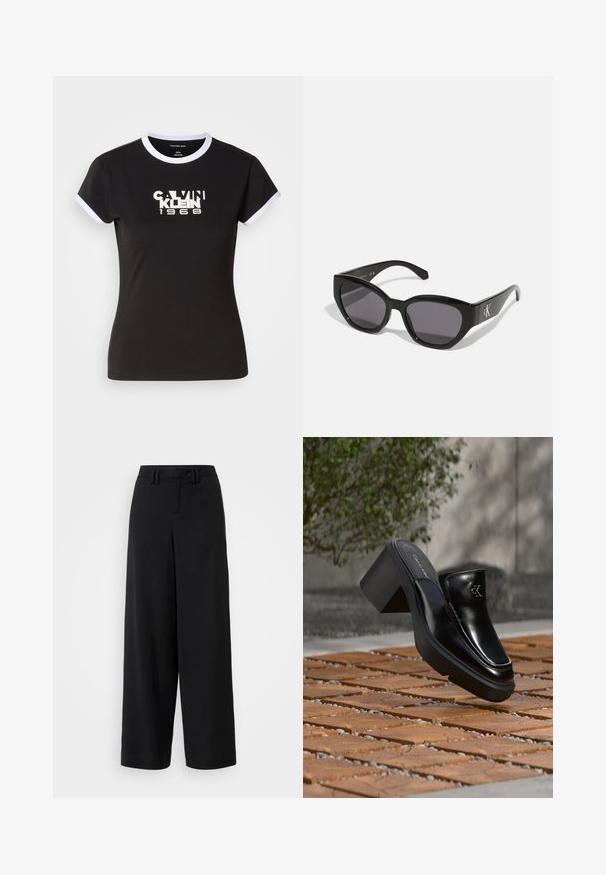 Camiseta negra con detalles en blanco, que presenta un gráfico audaz de Calvin Klein 1968 en el centro. Fabricada en algodón, de manga corta.; Pantalones de pierna ancha negros, hechos de una tela suave, con un diseño de frente plano, detalles plisados y trabillas en la cinturilla.; Mule tipo slip-on de cuero negro de Calvin Klein con tacón de bloque descansando sobre baldosas de madera al aire libre cerca de una planta verde y una pared gris.; Gafas de sol negras con un diseño elegante y angular, lentes oscuros y un logo plateado en contraste en el lateral. Textura de plástico suave.