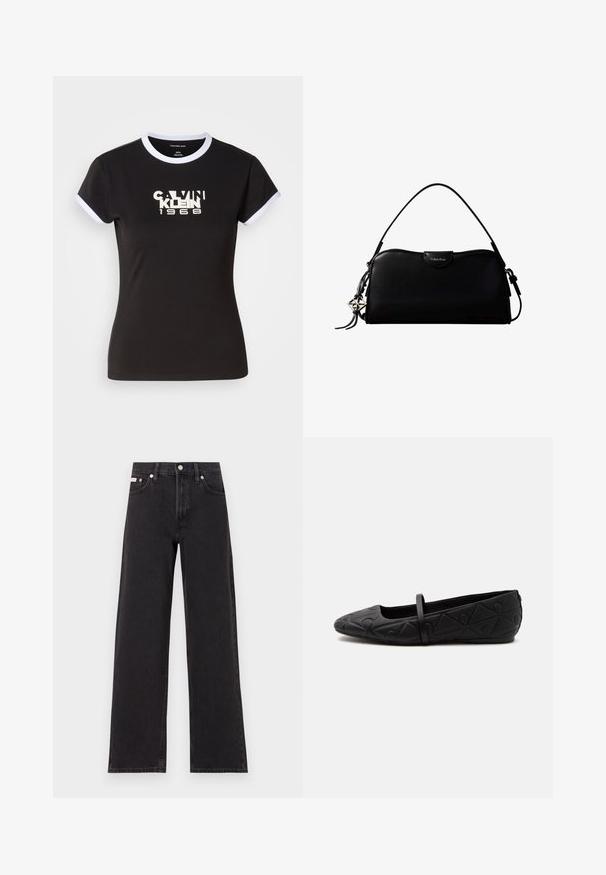 Camiseta negra con detalles en blanco, que presenta un gráfico audaz de Calvin Klein 1968 en el centro. Fabricada en algodón, de manga corta.; Jeans anchos de mezclilla negros, con cintura alta, cinco bolsillos y cierre de botón metálico con costuras contrastantes.; Zapato plano negro con punta redondeada, patrón geométrico en relieve y una sola tira fina en la parte superior, mostrado en perfil lateral.; Bolso rectangular negro de Calvin Klein con una única correa superior, dije con el logo plateado y un pequeño cierre de solapa en la parte frontal.