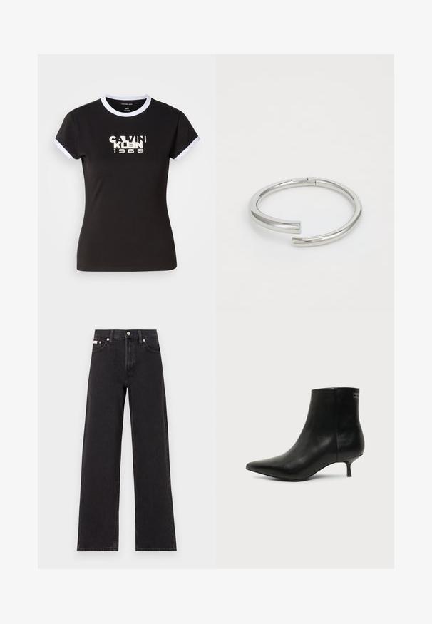 Camiseta negra con detalles en blanco, que presenta un gráfico audaz de Calvin Klein 1968 en el centro. Fabricada en algodón, de manga corta.; Jeans anchos de mezclilla negros, con cintura alta, cinco bolsillos y cierre de botón metálico con costuras contrastantes.; Botín de piel negra con puntera puntiaguda y tacón bajo estilo kitten sobre fondo claro, mostrando vista lateral exterior.; Calvin Klein SPIRAL - Pulsera - silver-coloured