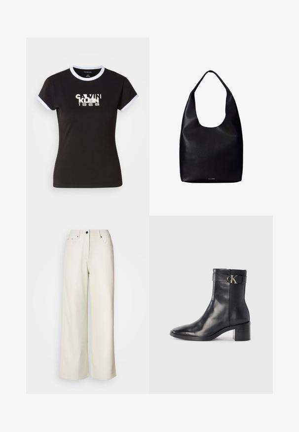 Sort t-shirt med hvide ringer detaljer, med en iøjnefaldende Calvin Klein 1968 grafik i midten. Lavet af bomuld, kortærmet.; Cremefarvede bukser med brede ben lavet af glat stof. Har en mellemhøj talje, lynlås i gulvet og to frontlommer med sorte hardware accenter.; Sort læder ankelstøvle med spids tå, blokhæl og en rem med en metallisk logo detalje. Glat tekstur og minimalistisk design.; Sort læder shoppertaske med en bred enkelt skulderrem og et subtilt Calvin Klein-logo nederst i midten.