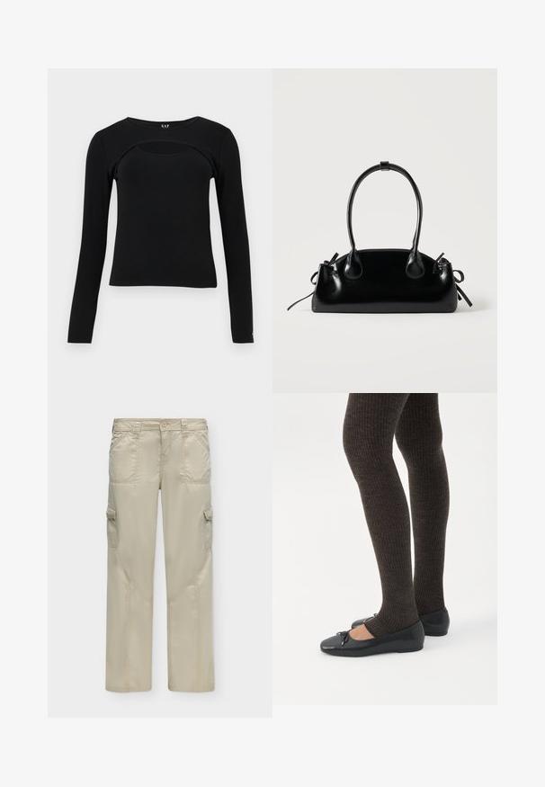 Haut noir à manches longues ajusté avec un col rond et une découpe incurvée sur la partie supérieure de la poitrine, étiquette GAP à l'intérieur du col.; Pantalon cargo beige avec poches avant, poches latérales à rabat, passants de ceinture, fermeture par bouton et détails de coutures visibles.; Jambes portant des leggings côtelés foncés associés à des ballerines noires avec de petits détails en nœud sur fond blanc.; Petit sac à main noir brillant avec deux longues anses et des détails à cordon sur les côtés sur un fond clair uni.