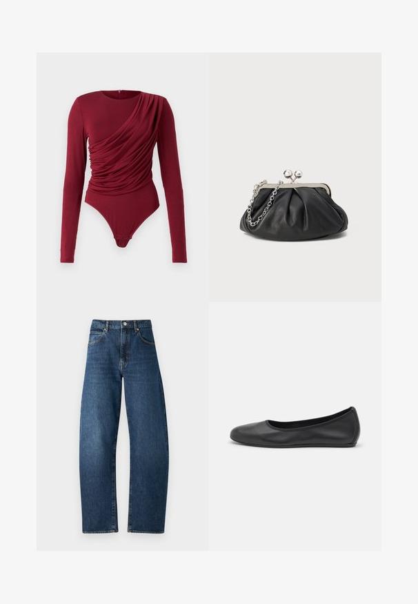 Langarm bodysuit in diep rood, met gedrapeerde stof, een ronde hals en drukknoopsluiting onderaan, gemaakt van zachte rekbare materiaal.; Blauwe spijkerbroeken van denim met een hoge taille, straight leg ontwerp, zichtbare stiksels, vijf zakken en een knoopsluiting. Klassieke donkere wassing.; Zwarte leren ballerina met een ronde neus, gladde textuur, minimale stikdetails en een flexibele zoolontwerp.; Zwarte leren clutch met geplooide textuur, zilverkleurig metalen frame, drukknopsluiting en kettingriem. Glad, zacht oppervlak.