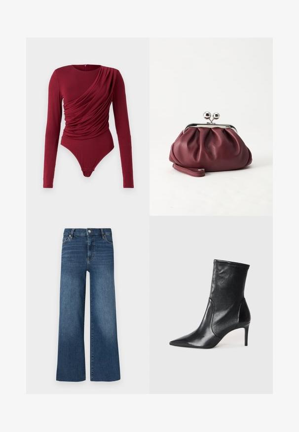 Langarm bodysuit in diep rood, met gedrapeerde stof, een ronde hals en drukknoopsluiting onderaan, gemaakt van zachte rekbare materiaal.; Wijde spijkerbroeken met een medium blauwe wassing, voorzien van een knoop- en ritssluiting, vijf zakken en subtiele stiksel details.; Zwarte enkelboots van soepel leer, met een spitse neus, een aangesloten schacht en een slanke hoge hak. Minimalistisch ontwerp zonder zichtbare hardware.; Kleine bordeauxrode leren clutch-portemonnee met zilverkleurige metalen sluiting en polsbandje op een witte achtergrond.