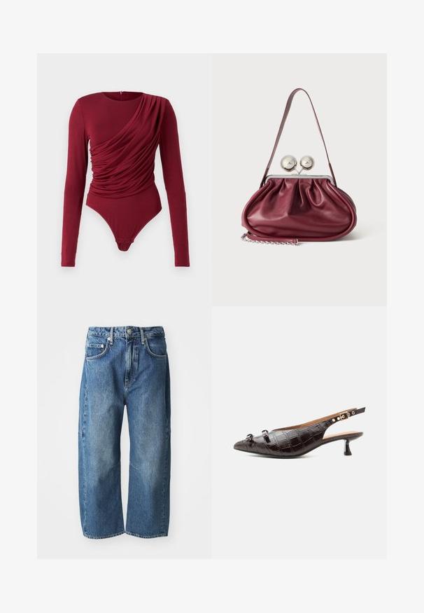 Langarm bodysuit in diep rood, met gedrapeerde stof, een ronde hals en drukknoopsluiting onderaan, gemaakt van zachte rekbare materiaal.; Blauwe denim jeans met een losse, wijde pasvorm, voorzien van voorzakken, een knoop- en ritssluiting, en een subtiele vervaging bij de knieën.; Donkerbruine slingback pump met krokodillenprint, spits toelopende neus, lage kittenheel, twee decoratieve strikjes en een verstelbare goudkleurige gespsluiting.; Kleine bordeaux leren handtas met geplooide details, een dunne band en een zilveren sluiting met twee grote ronde knoppen.